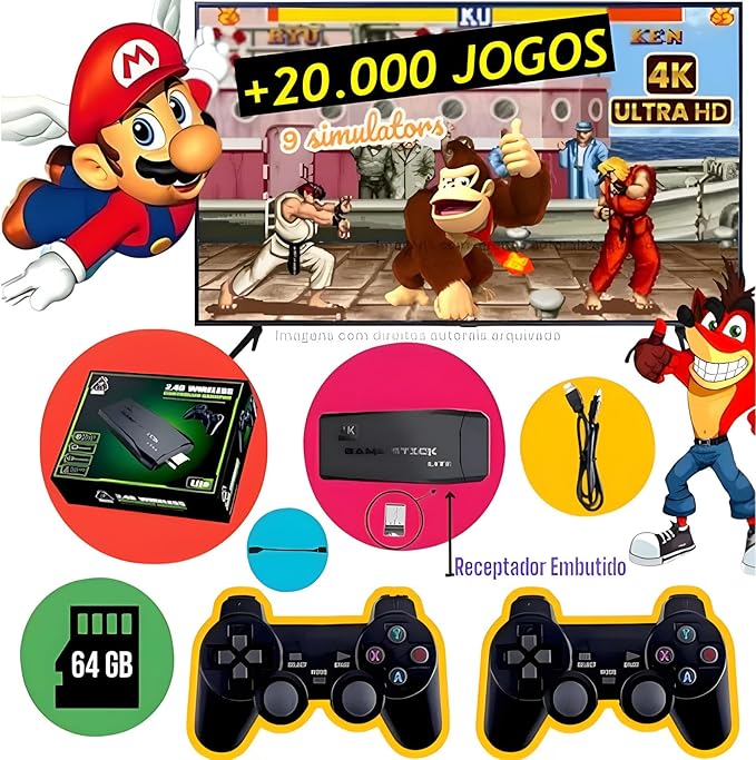 GAME STICK 4K ORIGINAL VERSÃO ATUALIZADA 11 MIL JOGOS com 2 controles sem fio