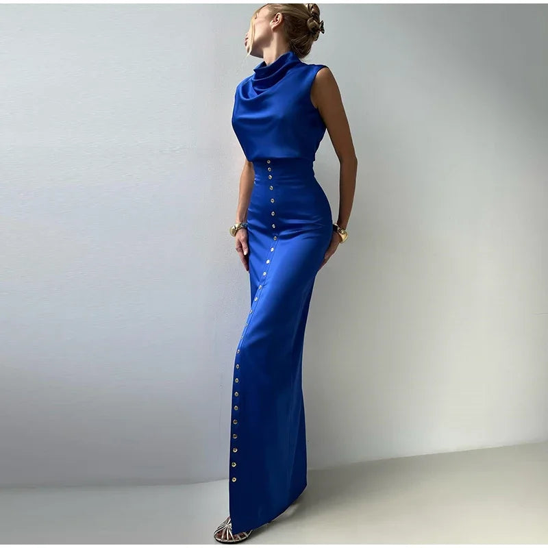 Elegant Crop Top Skirt Set Women Turtleneck Sleeveless Vest High Waist Button Long Skirts 2025 Spring Lady Satin Solid Outfits