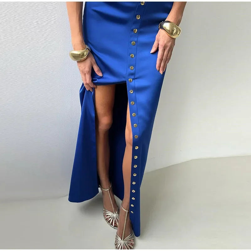 Elegant Crop Top Skirt Set Women Turtleneck Sleeveless Vest High Waist Button Long Skirts 2025 Spring Lady Satin Solid Outfits