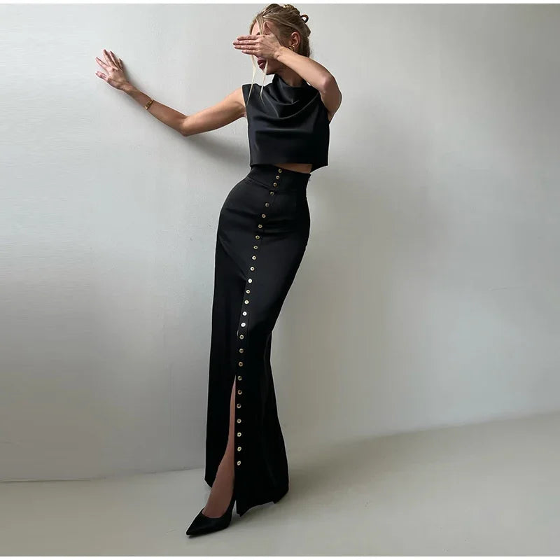 Elegant Crop Top Skirt Set Women Turtleneck Sleeveless Vest High Waist Button Long Skirts 2025 Spring Lady Satin Solid Outfits