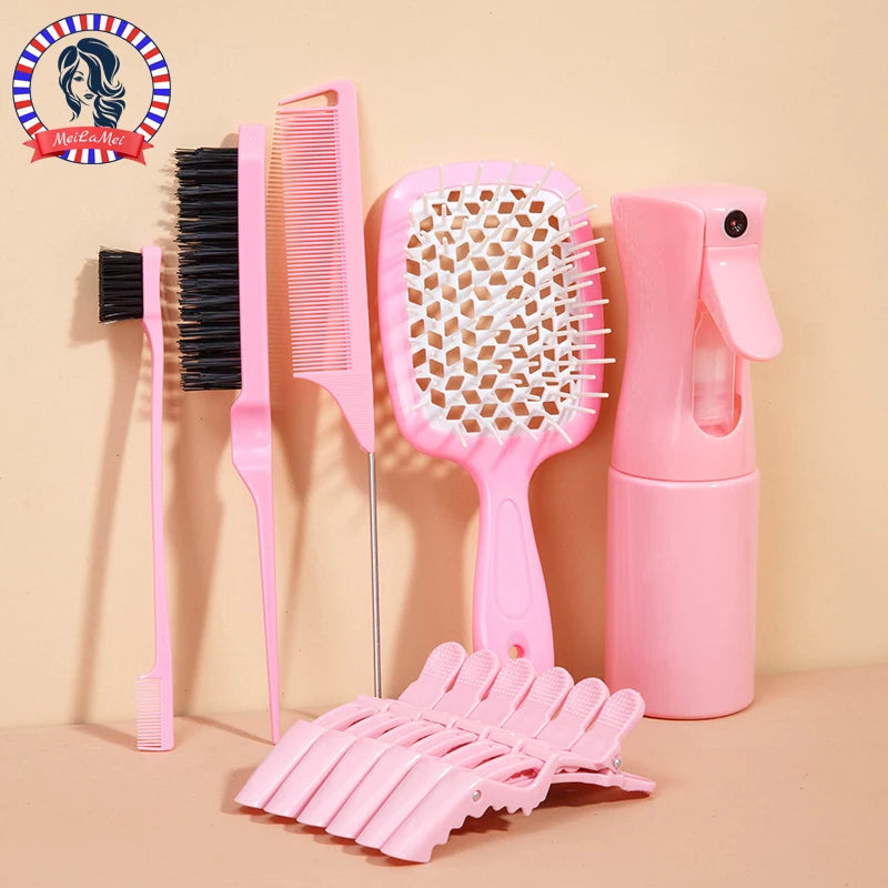 11-Piece Hair Styling Kit Detangling & Anti-Static Combs Edge Brush Scalp Massager Clips & Spray Bottle Salon Hairdressing Tools