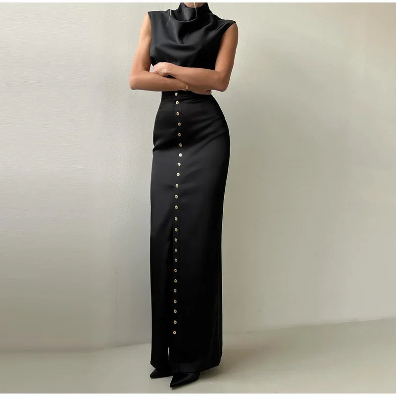 Elegant Crop Top Skirt Set Women Turtleneck Sleeveless Vest High Waist Button Long Skirts 2025 Spring Lady Satin Solid Outfits