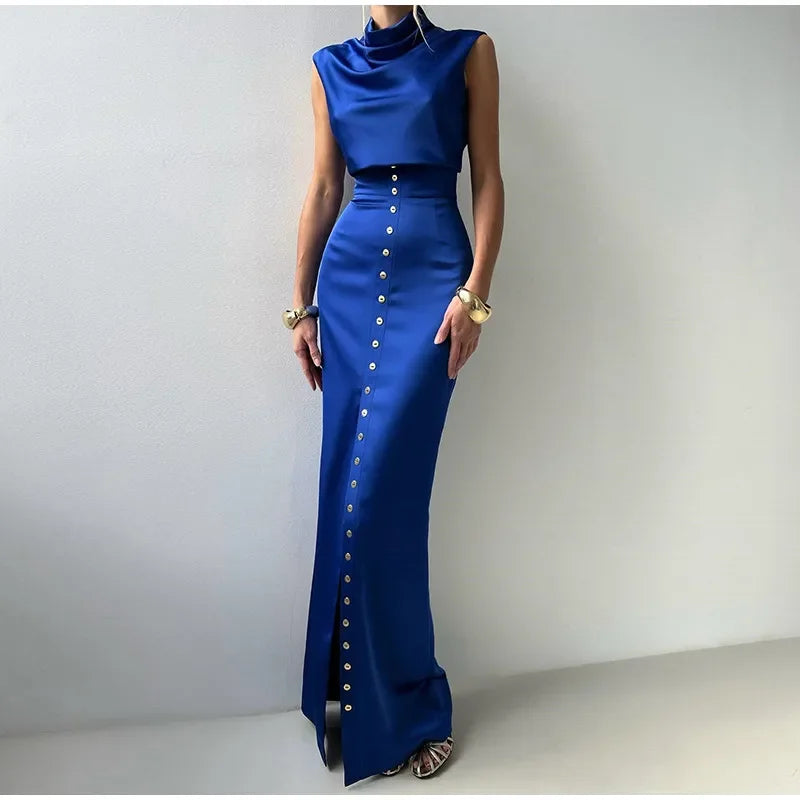 Elegant Crop Top Skirt Set Women Turtleneck Sleeveless Vest High Waist Button Long Skirts 2025 Spring Lady Satin Solid Outfits