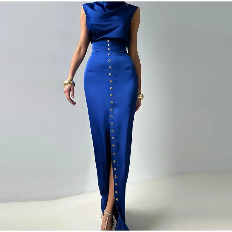 Elegant Crop Top Skirt Set Women Turtleneck Sleeveless Vest High Waist Button Long Skirts 2025 Spring Lady Satin Solid Outfits