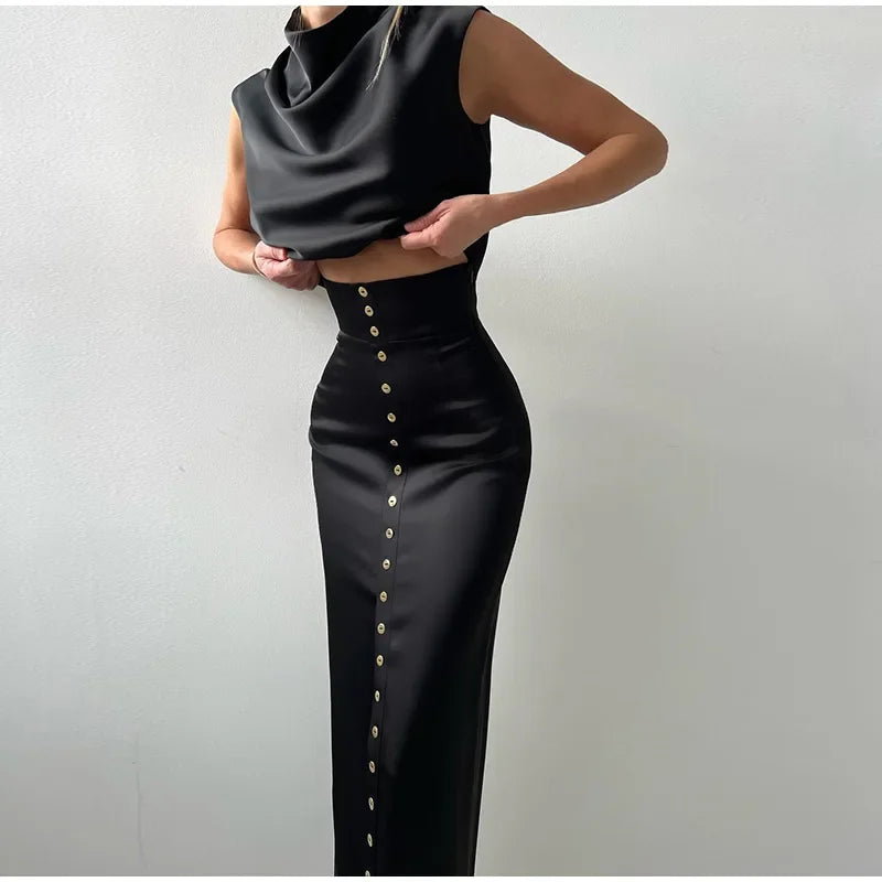 Elegant Crop Top Skirt Set Women Turtleneck Sleeveless Vest High Waist Button Long Skirts 2025 Spring Lady Satin Solid Outfits